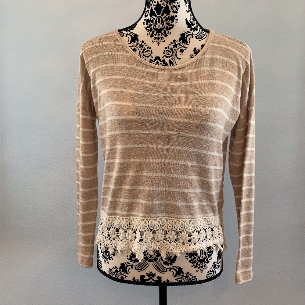 Rewind Tan and White Striped Lace Sweater